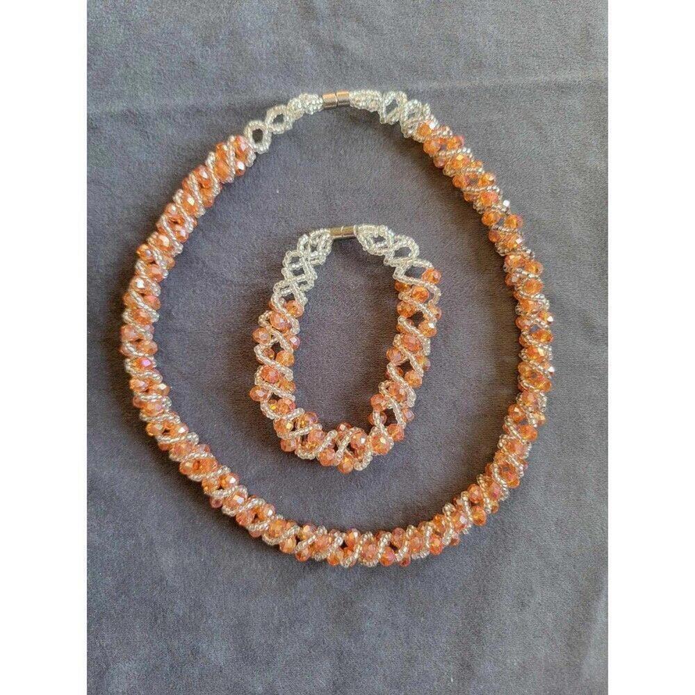 Orange And Clear Beaded Necklace And Bracelet Set